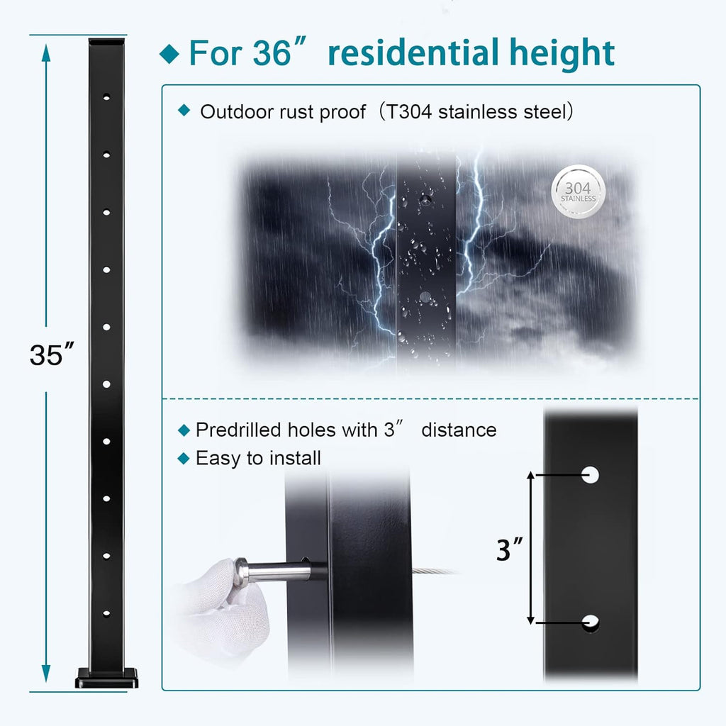 4 Pack Black Square Stainless Steel Cable Railing Post J940784