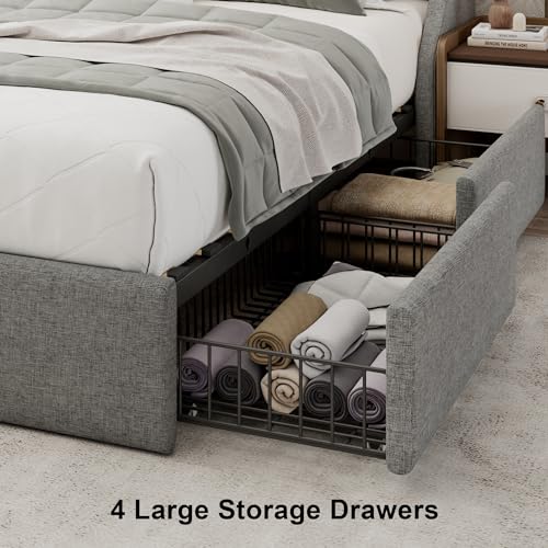 Beige Upholstered Full Size Bed Frame with 4 Storage Drawers W623439