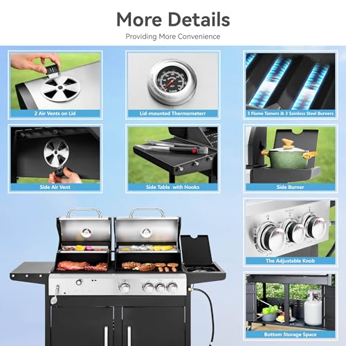 3 Burner Propane Gas and Charcoal Grill Combo with Side Burner, 37,000 BTUs 685 SQIN Dual Fuel Outdoor BBQ Grill Y24814