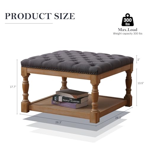 33-inch Large Square Ottoman Coffee Table with Storage Shelf and Solid Wood Legs Button Tufted Upholstered Linen Ottoman Stool (Beige) A88418