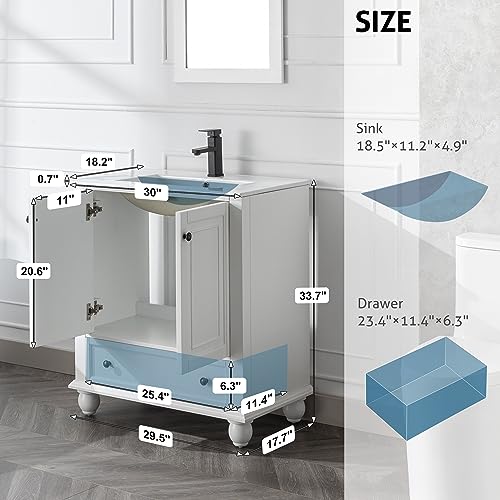 30" Bathroom Vanity Sink Combo with Painted Solid Wood Construction, Undermount Ceramic Sink with Matte Black Faucet & Drain, Pure White F45485