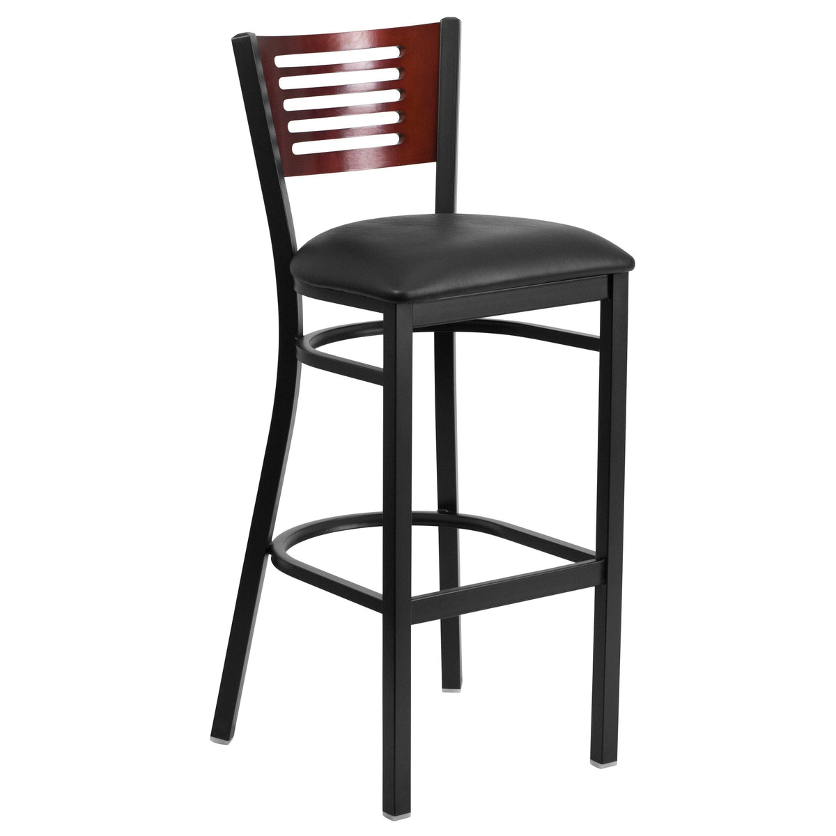 Mahogany Wood Back Black Vinyl Seat Metal Barstool I647715