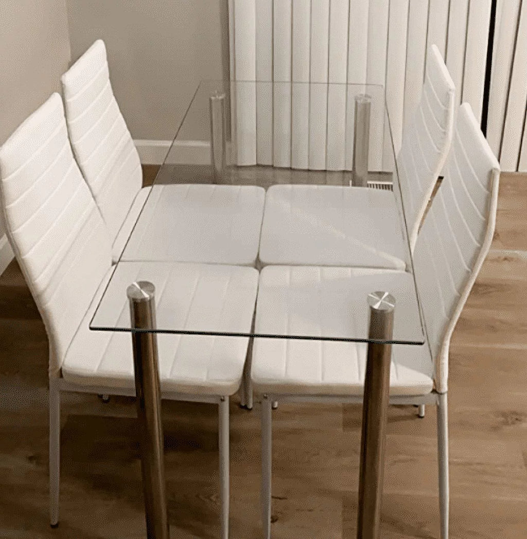5 Piece Glass Top Dining Table Set with 4 White PU Leather Chairs Q1045