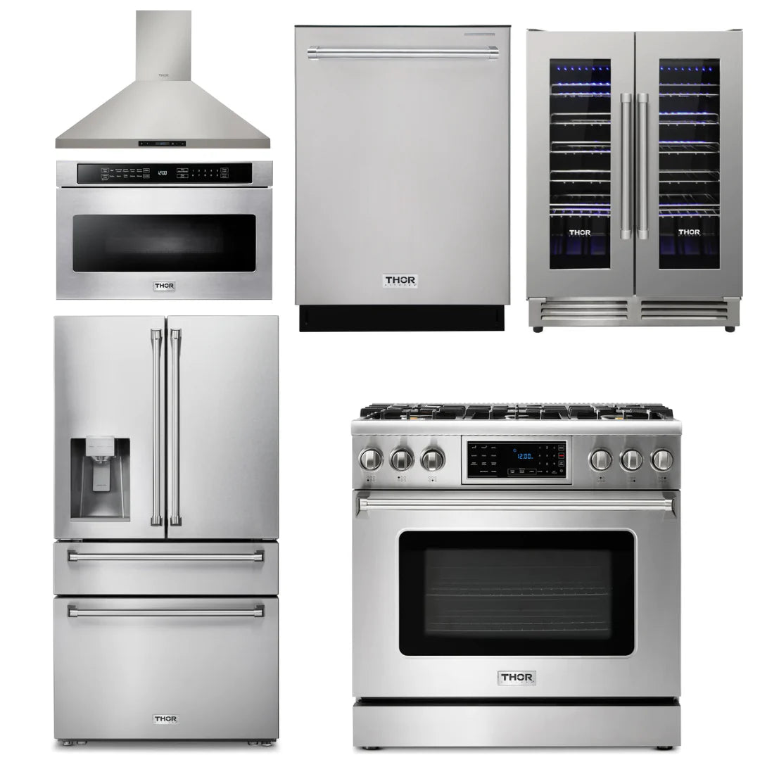 36 Gas Range, Range Hood, Microwave, Refrigerator with Water and Ice Dispenser, Dishwasher, Wine Cooler M205877