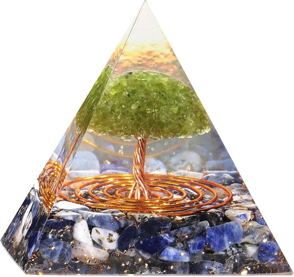 Tumbled Sodalite Crystal Pyramid Resin Copper Wire Peridot Orgone Pyramid X266