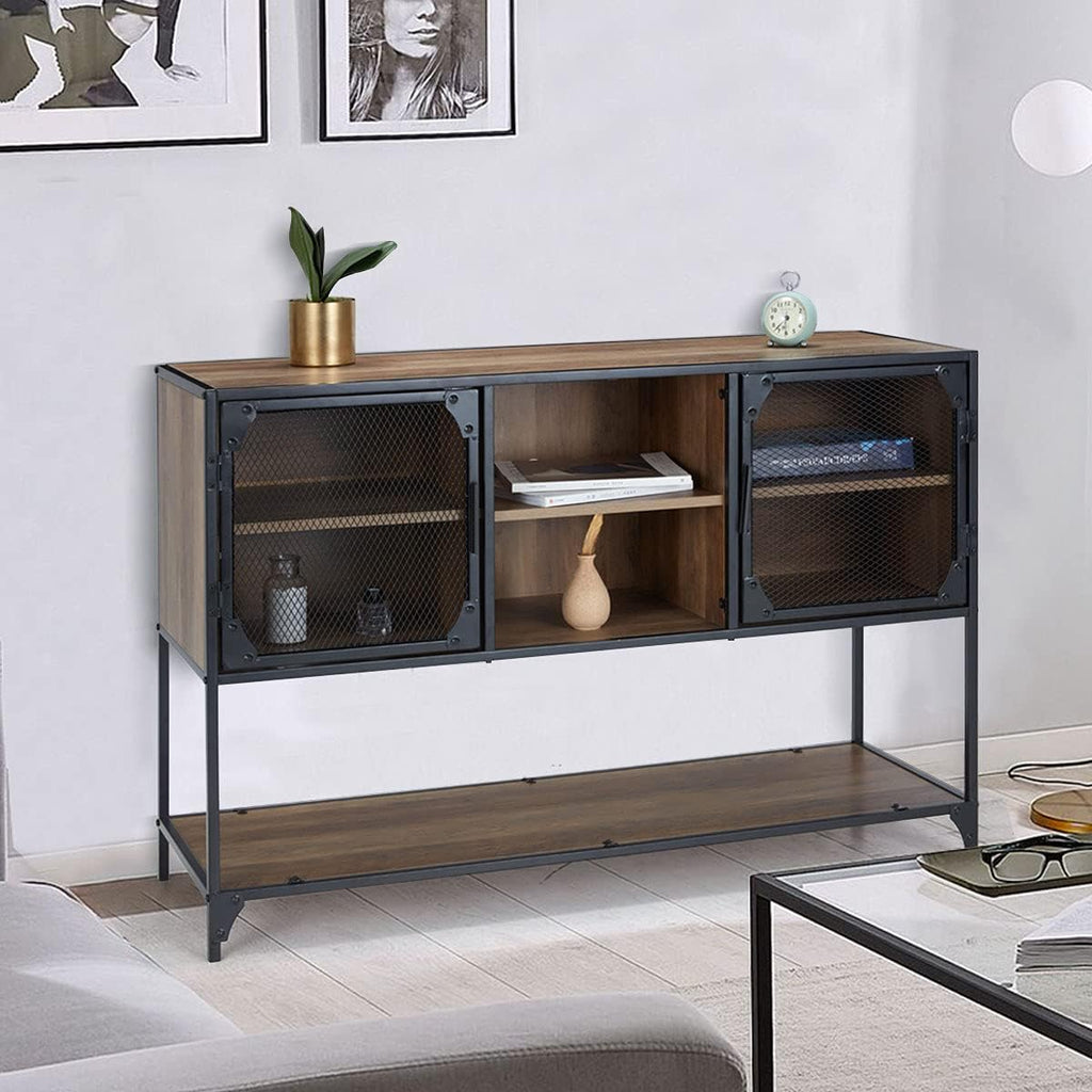 Rustic Brown Kitchen Storage Cabinet with Metal Mesh Doors and Adjustable Shelves Q496