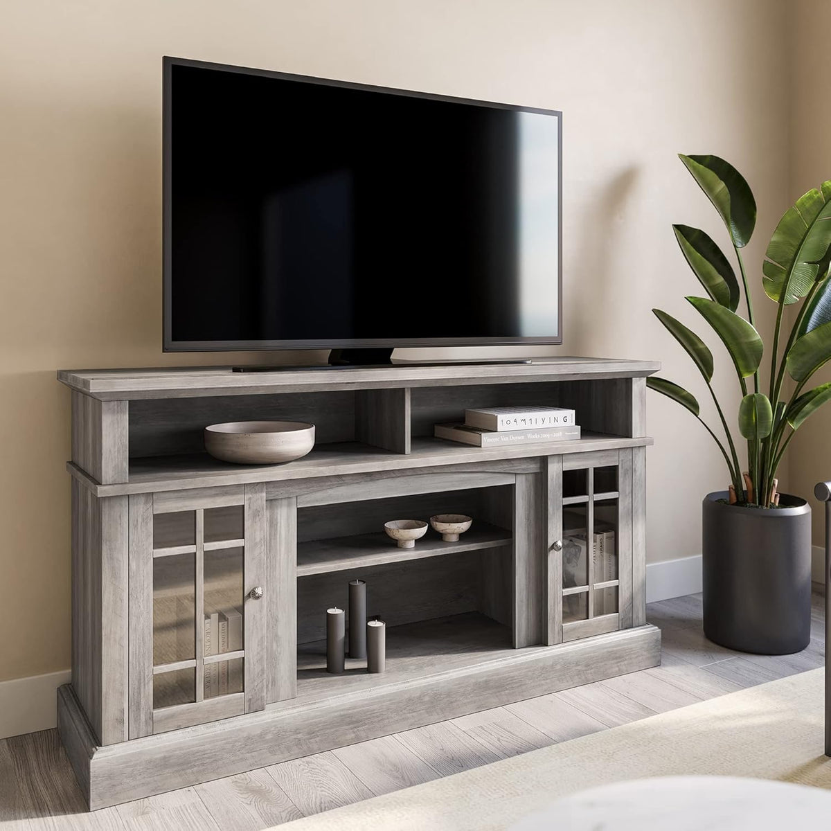 Gray Wash Electric Fireplace TV Stand with Open Storage Shelves & Cabinets G26952