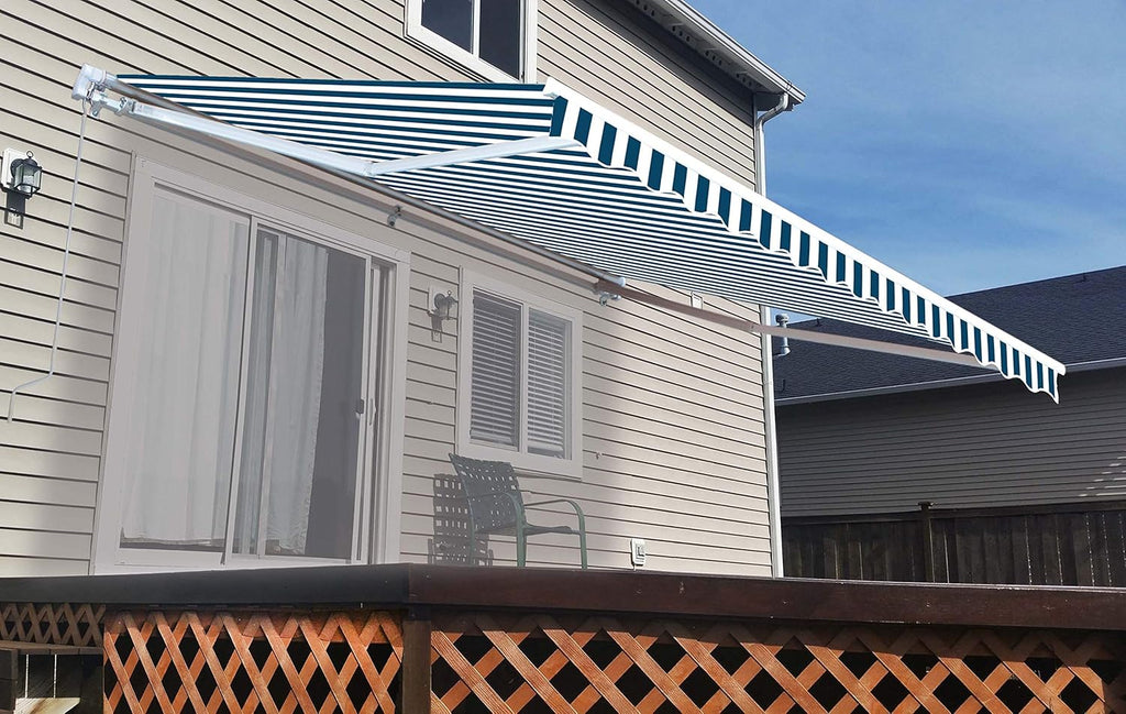 Blue and White Striped Retractable Patio Awning 12 x 10 Feet Y285