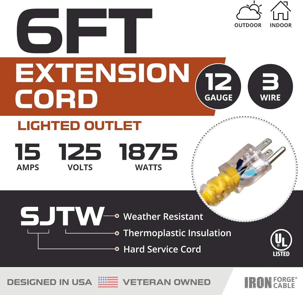 6 Foot Lighted Outdoor Extension Cord, 12/3 SJTW Heavy Duty Yellow Extension Cable with 3 Prong Grounded Plug W968726