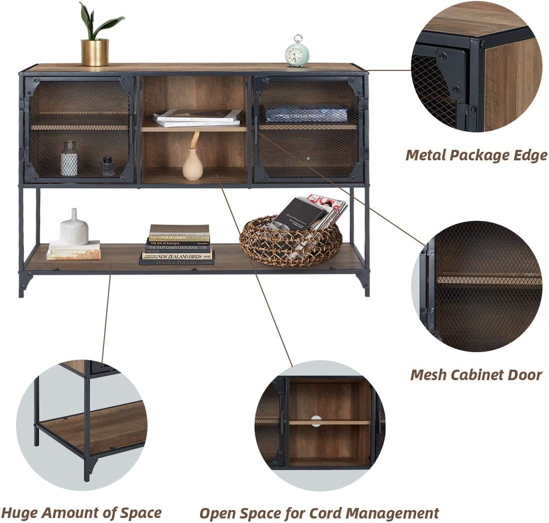 Rustic Brown Kitchen Storage Cabinet with Metal Mesh Doors and Adjustable Shelves Q496