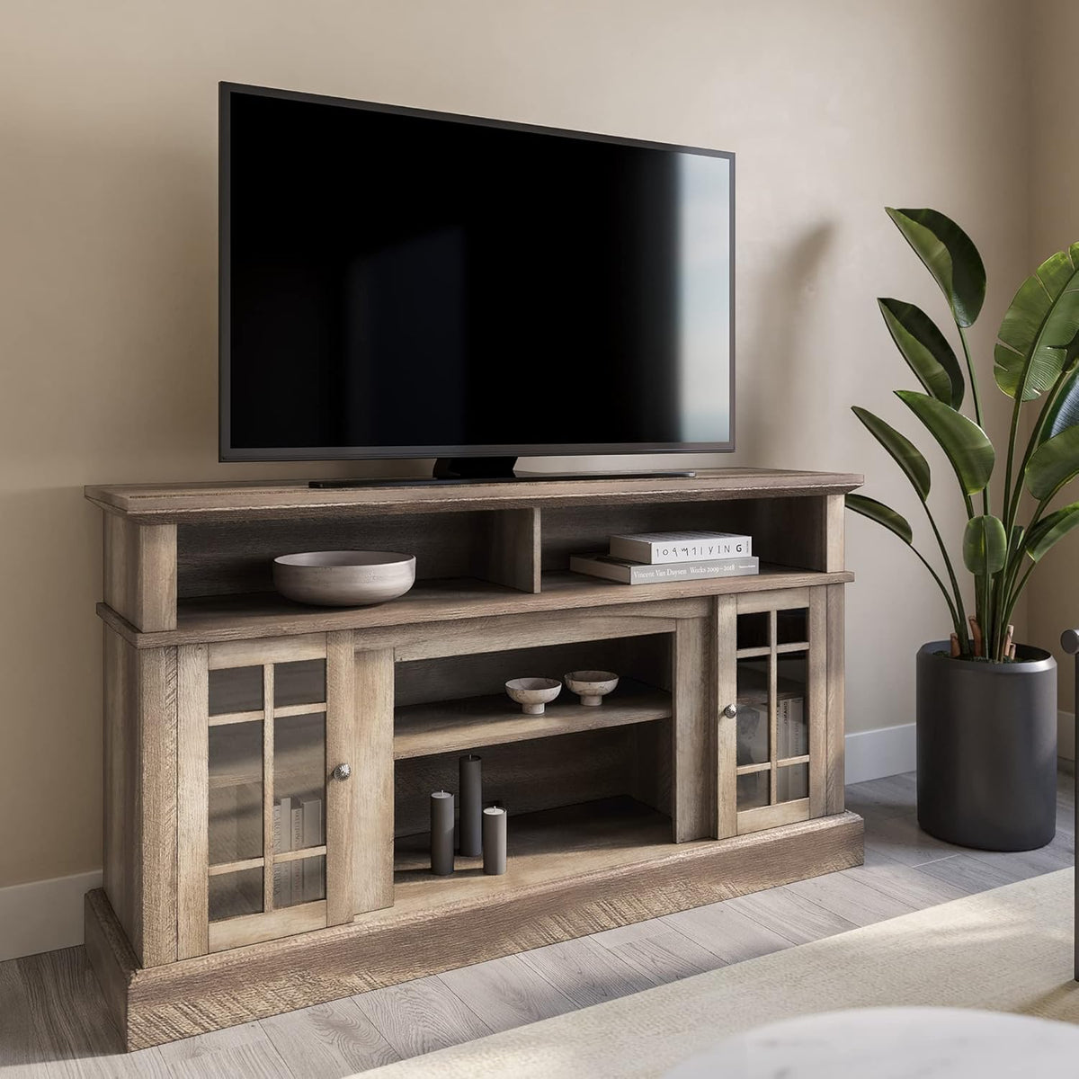 Gray Wash Electric Fireplace TV Stand with Open Storage Shelves & Cabinets G26952