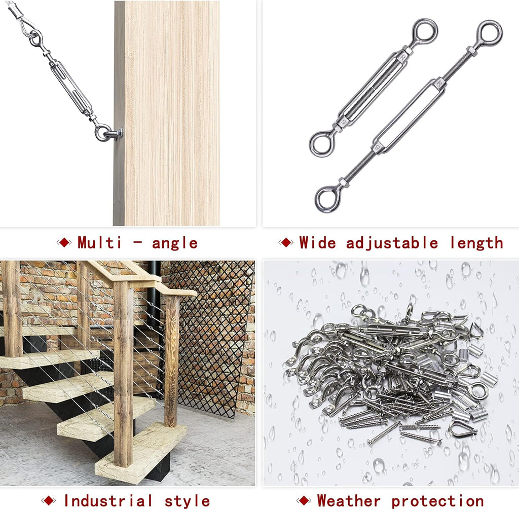 10 Set 1/8 Cable Railing Kit Hardware Heavy Duty Turnbuckle M5 Eye to Eye Stainless Steel I770756