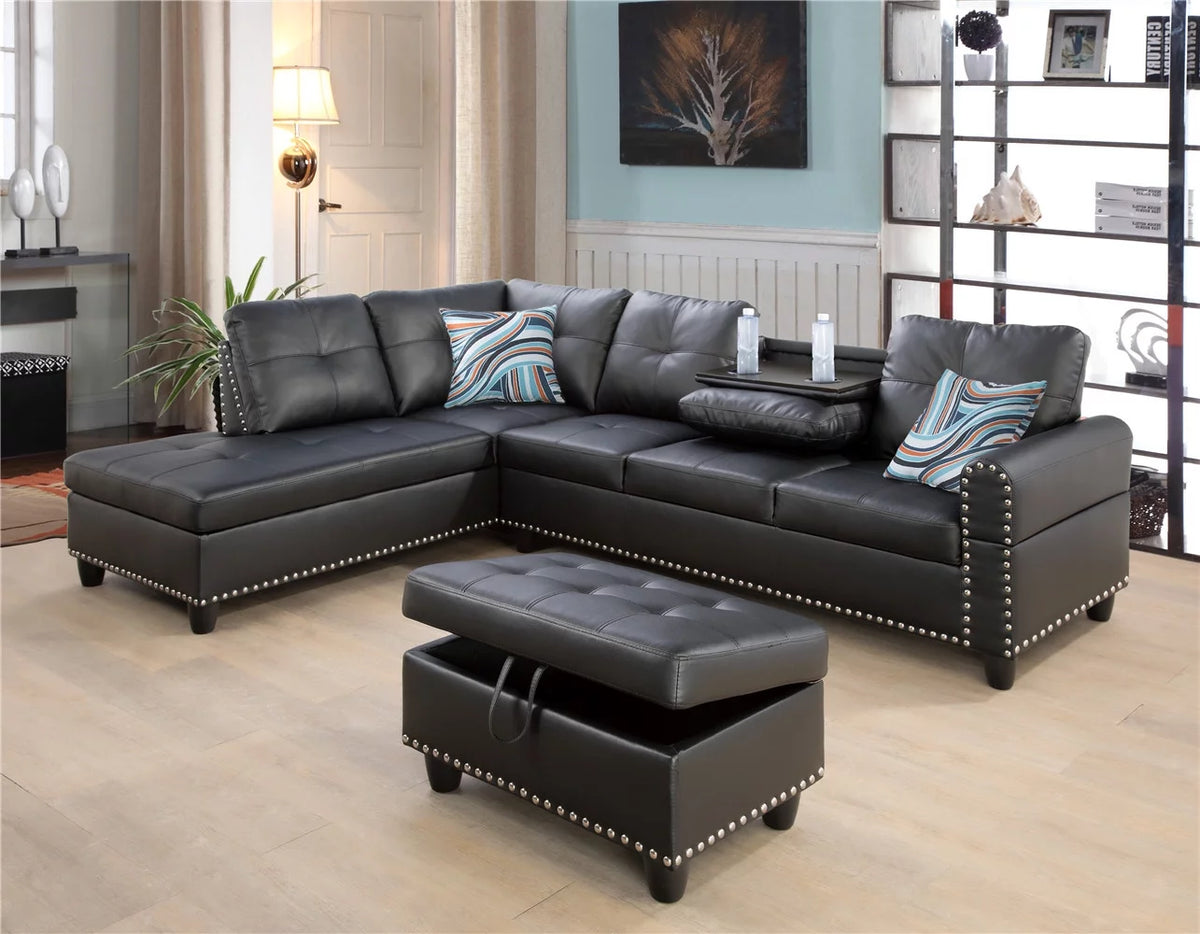 Black Leather Sectional Sofa with Storage Ottoman and Pillows Z3186