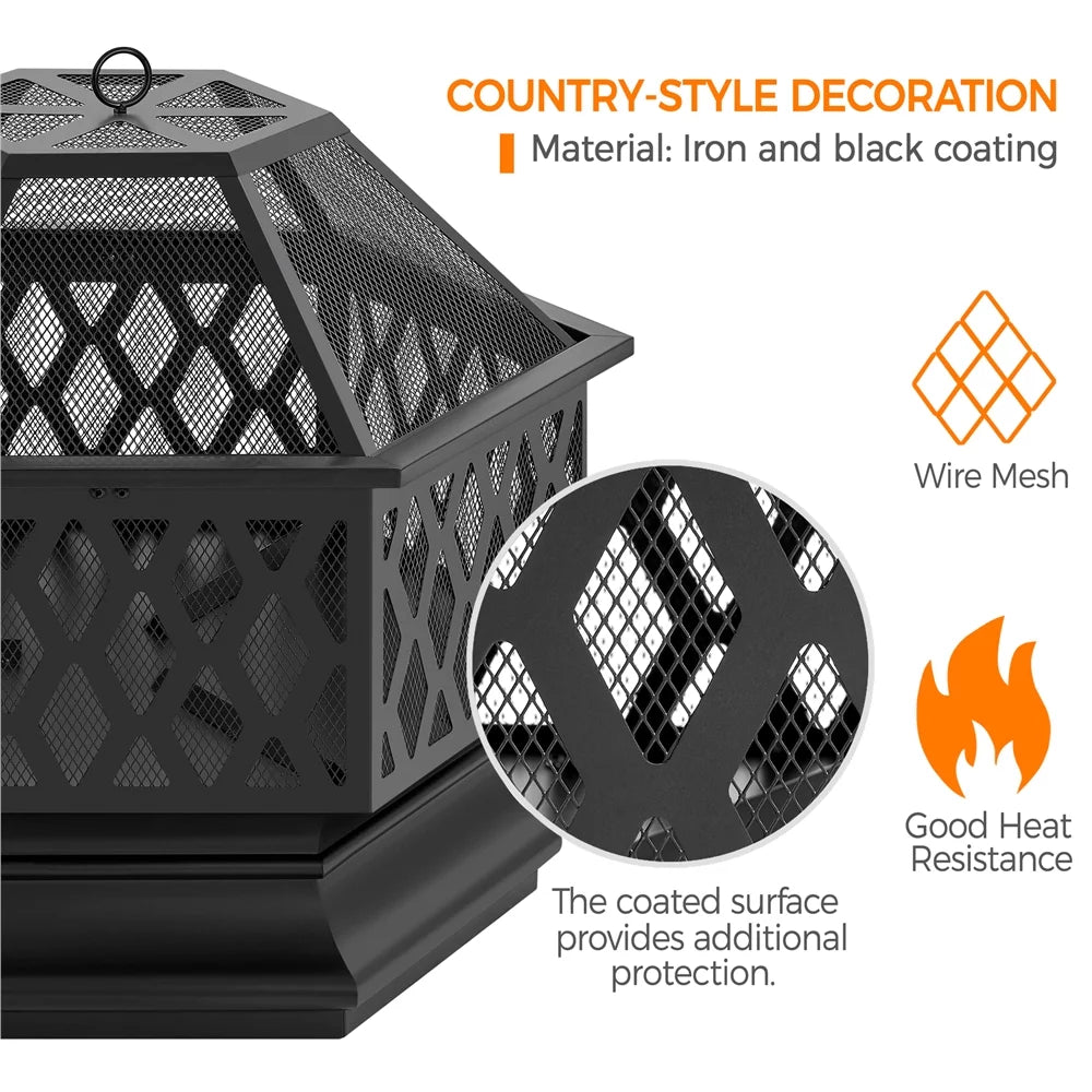 Black Hex-Shaped Steel Wood Burning Fire Pit with Spark Screen & Fire Poker B205734