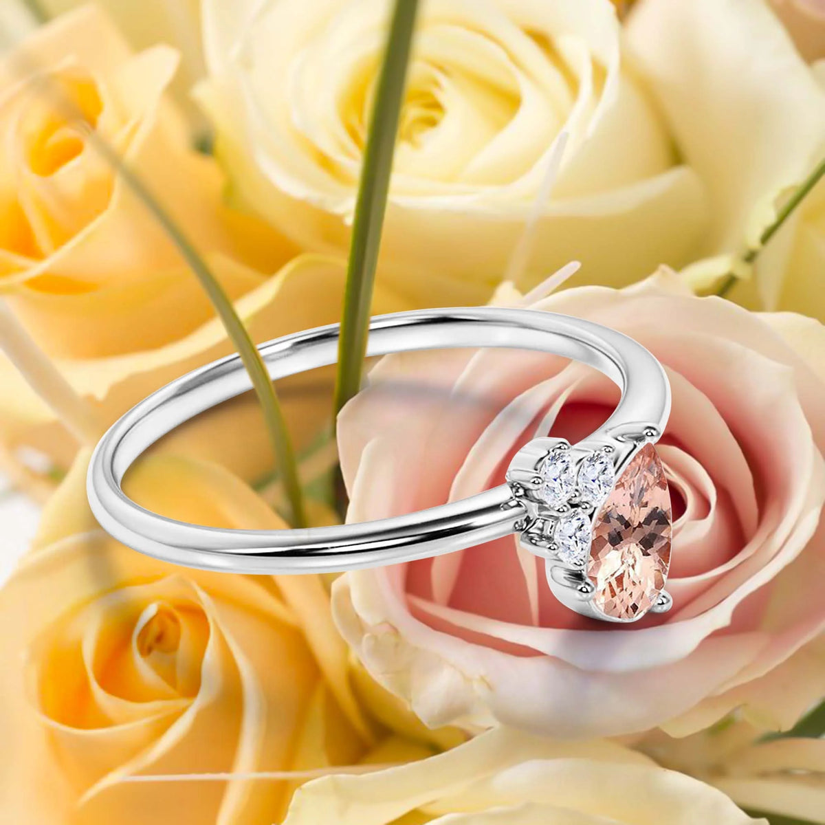 1.15 Carat Pear Cut Morganite And Diamond Moissanite Engagement Ring in 925 Sterling Silver With 18k White Gold Plating J84768