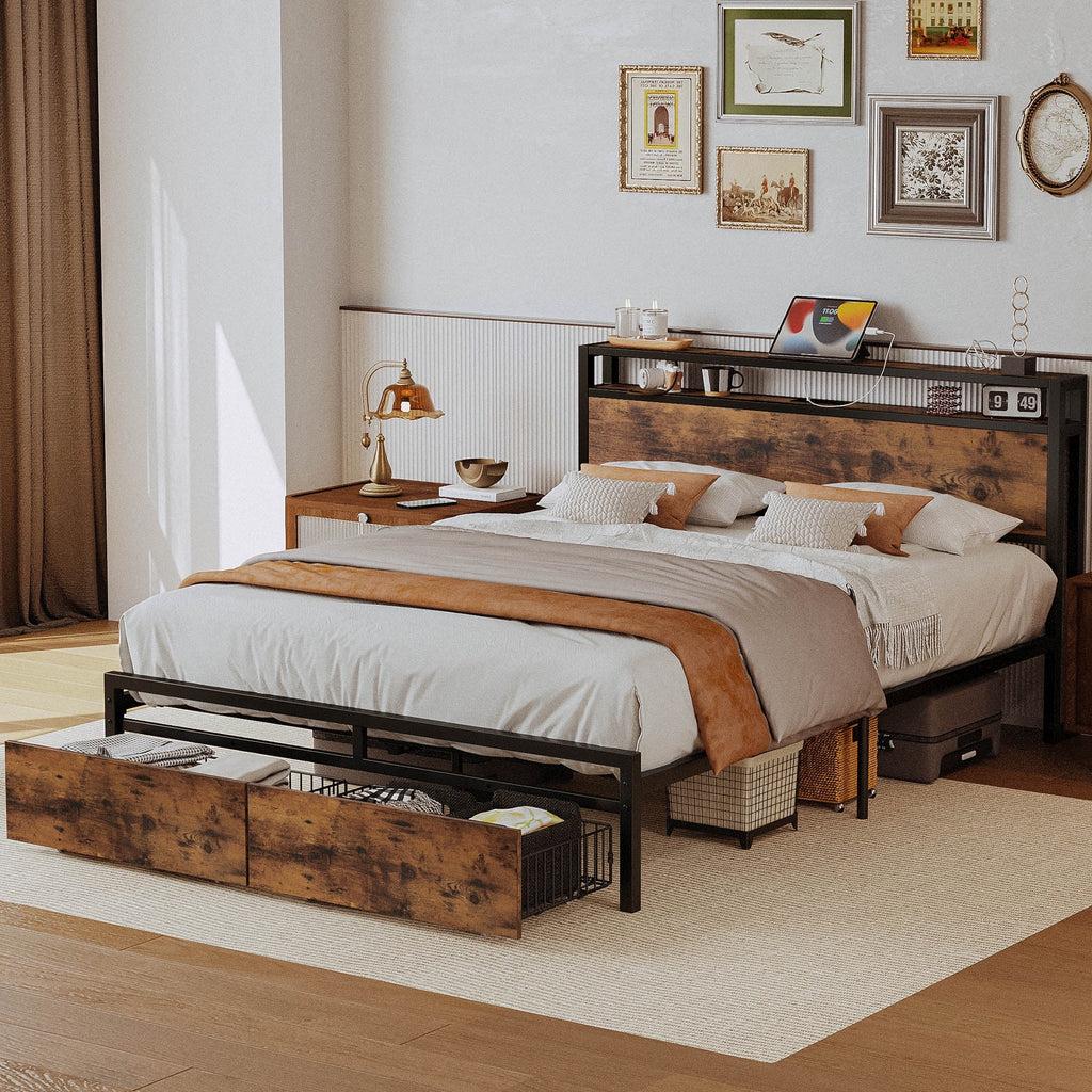 Queen Bed Frame with 2 Tier Storage Headboard and 2 Drawers R2164