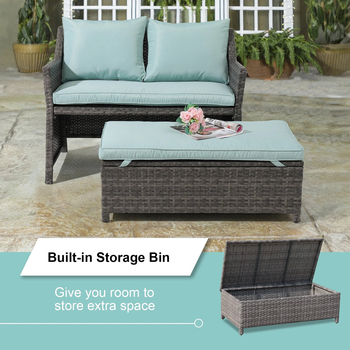Grey Rattan 2-Piece Outdoor Patio Furniture Set with Green Cushions Q1166