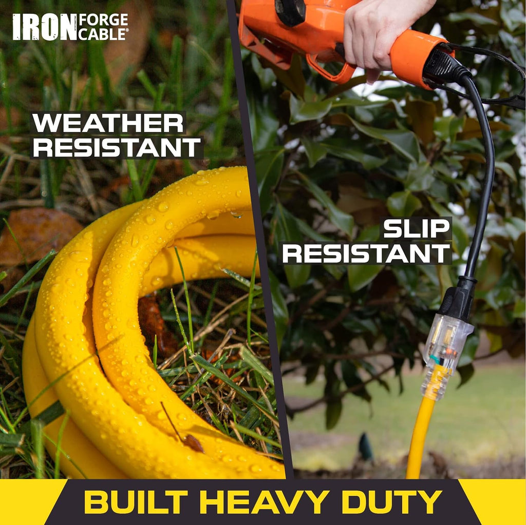 6 Foot Lighted Outdoor Extension Cord, 12/3 SJTW Heavy Duty Yellow Extension Cable with 3 Prong Grounded Plug W968726