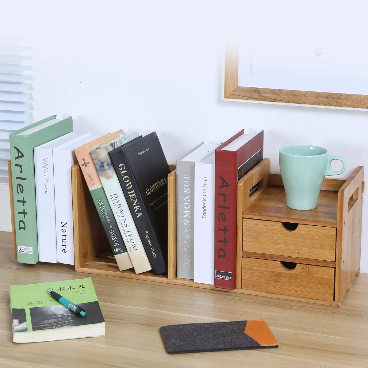 Bamboo Expandable Desktop Bookshelf with 2 Drawers M1439