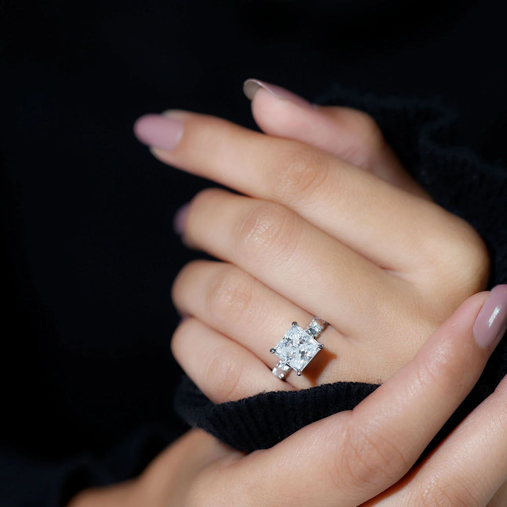 Princess Cut Moissanite Solitaire Engagement Ring with Side Stones, 925 Sterling Silver E332