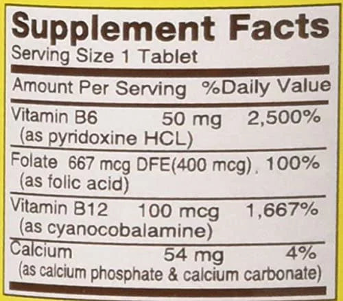 B6/B12/Folic Acid Tablets Dietary Supplement 90 Count Pack of 3 F6685