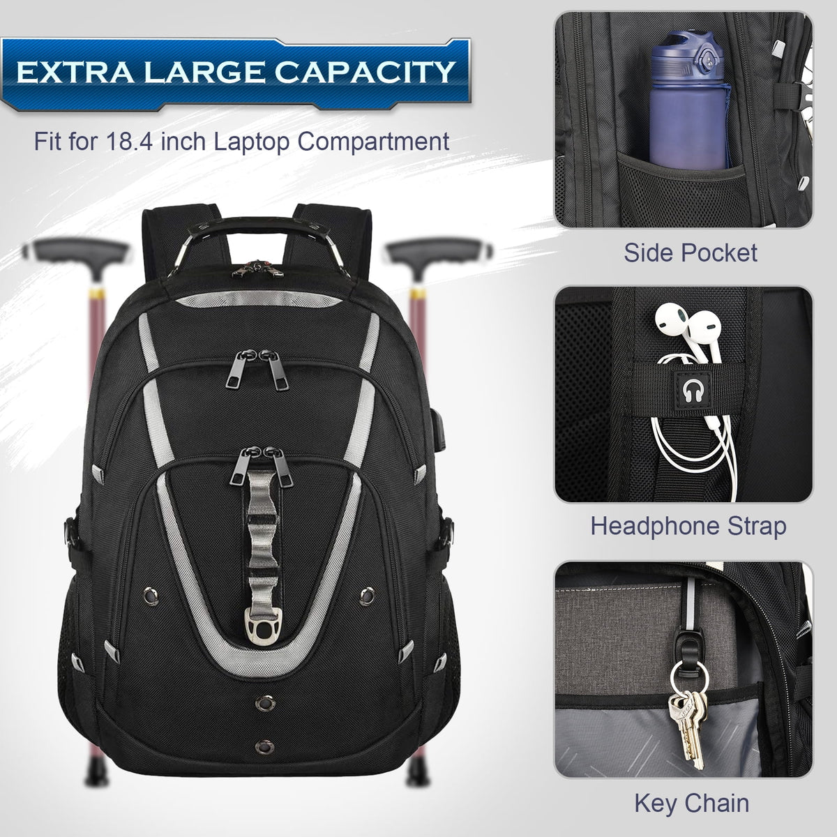 Extra Large 65L Water Resistant Anti-theft Travel Backpack with USB Charging Port T178202