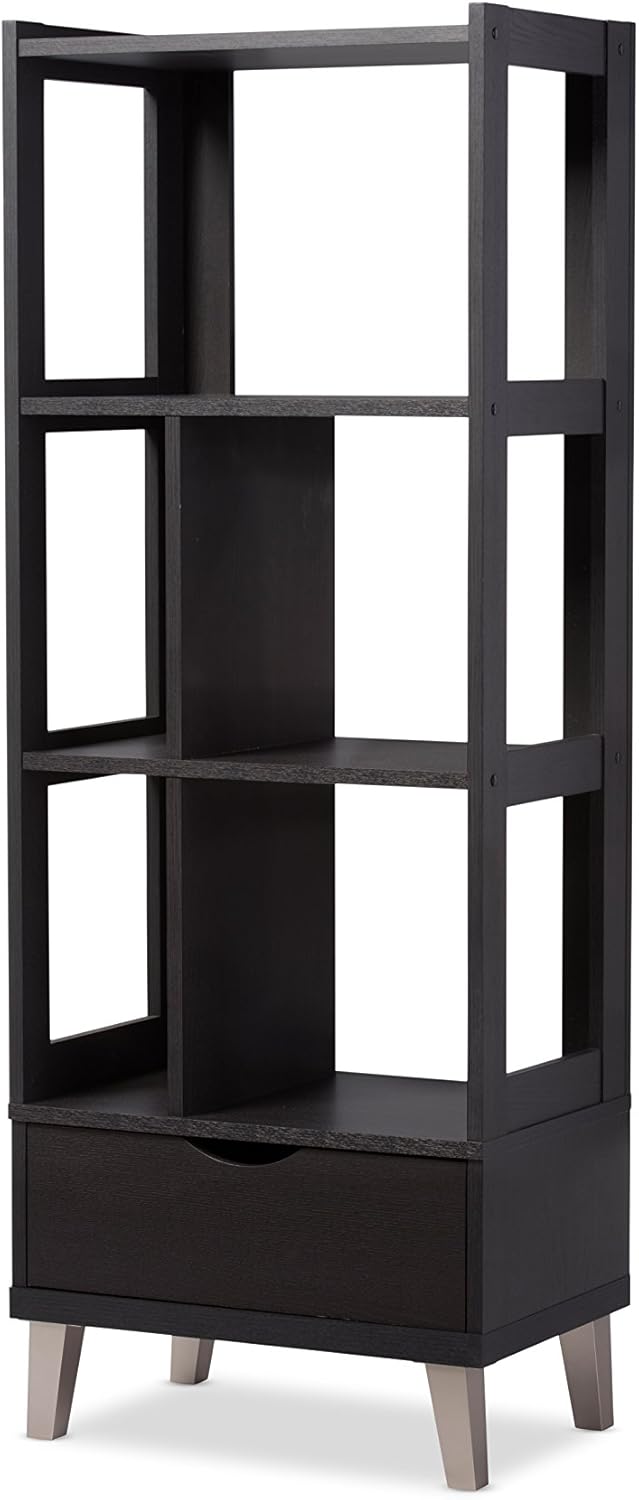 Dark Brown Wood Bookcase with Display Shelves and Two Drawers U6522