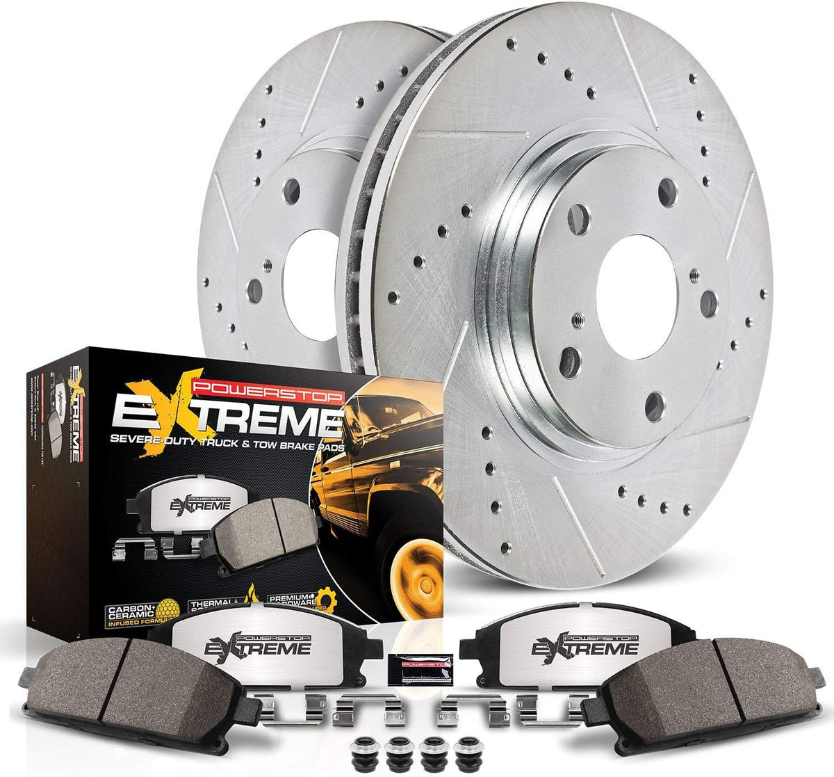 Front Z36 Carbon Fiber Ceramic Brake Pads and Drilled/Slotted Brake Rotors V9020