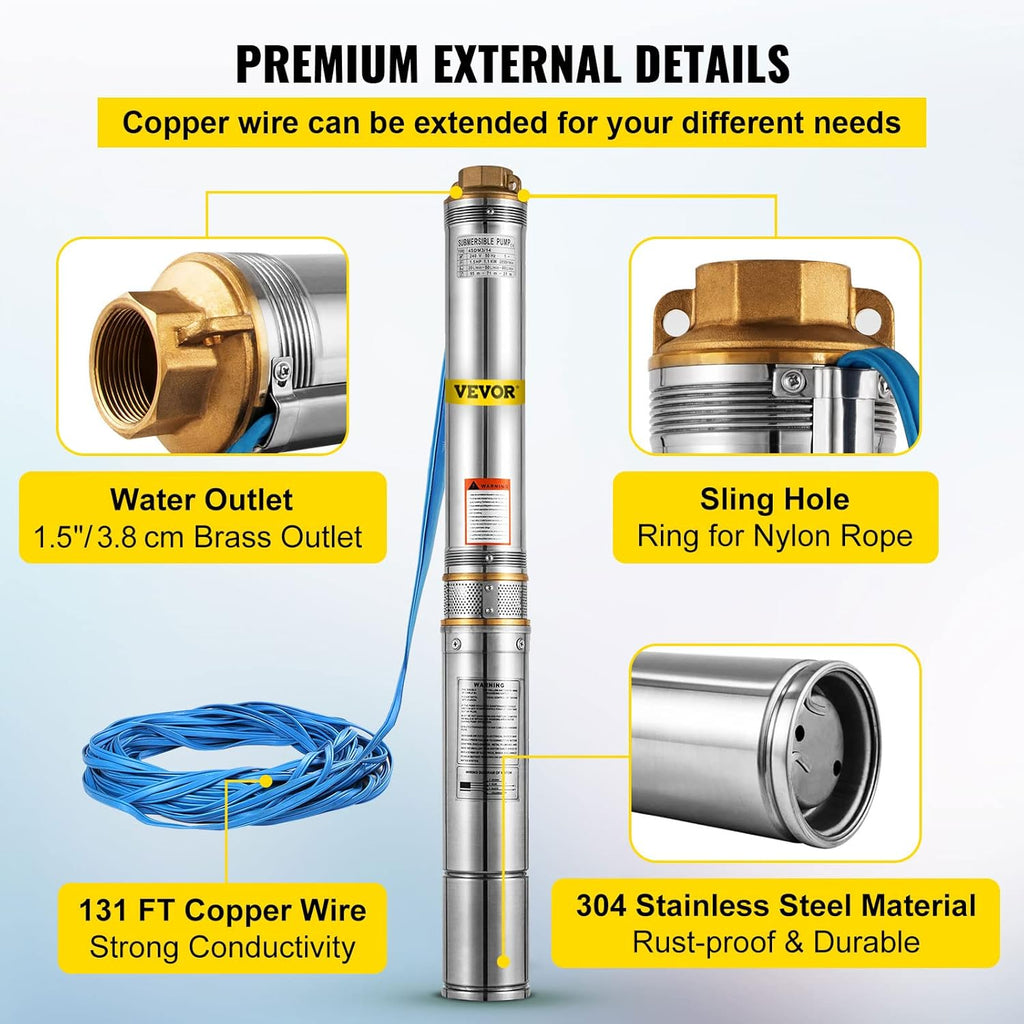 Stainless Steel Submersible Well Pump 1.5 HP 110V 131ft Cable 24GPM C2216