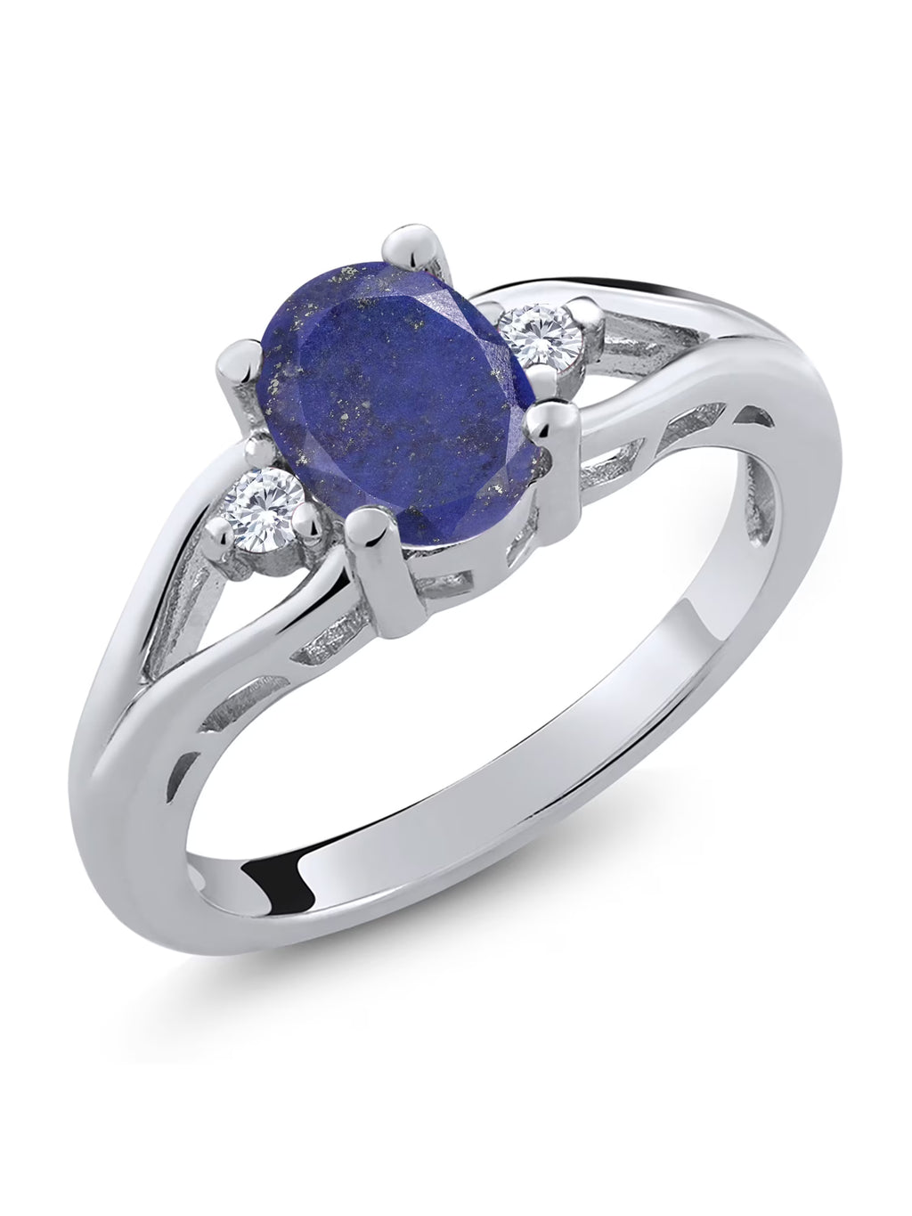 925 Sterling Silver Blue Lapis and White Moissanite 3 Stone Engagement Ring B491380