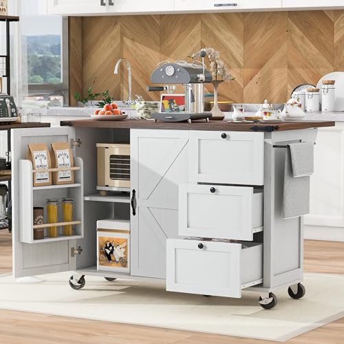 54.5" Farmhouse Mobile Kitchen Island with Power Outlet, Drop Leaf, Spice Rack and Drawer M55652
