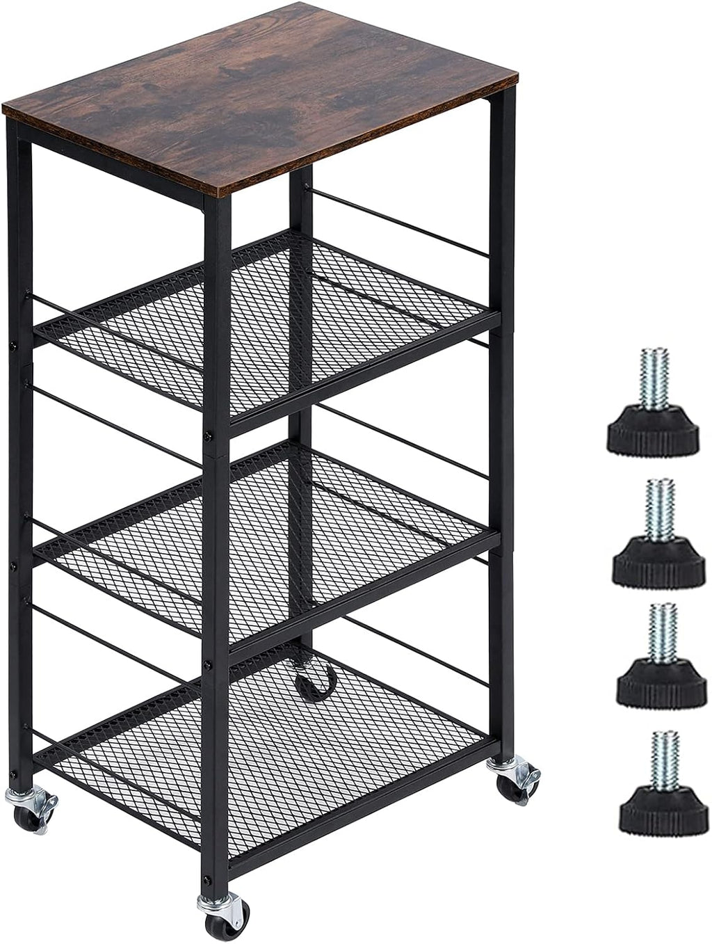 Industrial Kitchen Cart with Wheels 4 Tier Metal Frame Wooden Top Storage Shelves Serving Cart Trolley X816638