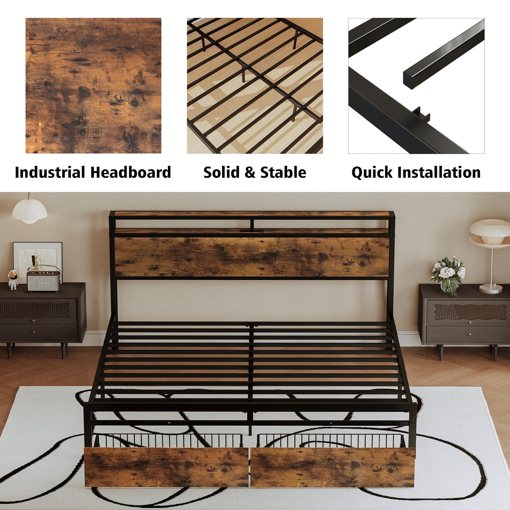 Queen Bed Frame with 2 Tier Storage Headboard and 2 Drawers R2164
