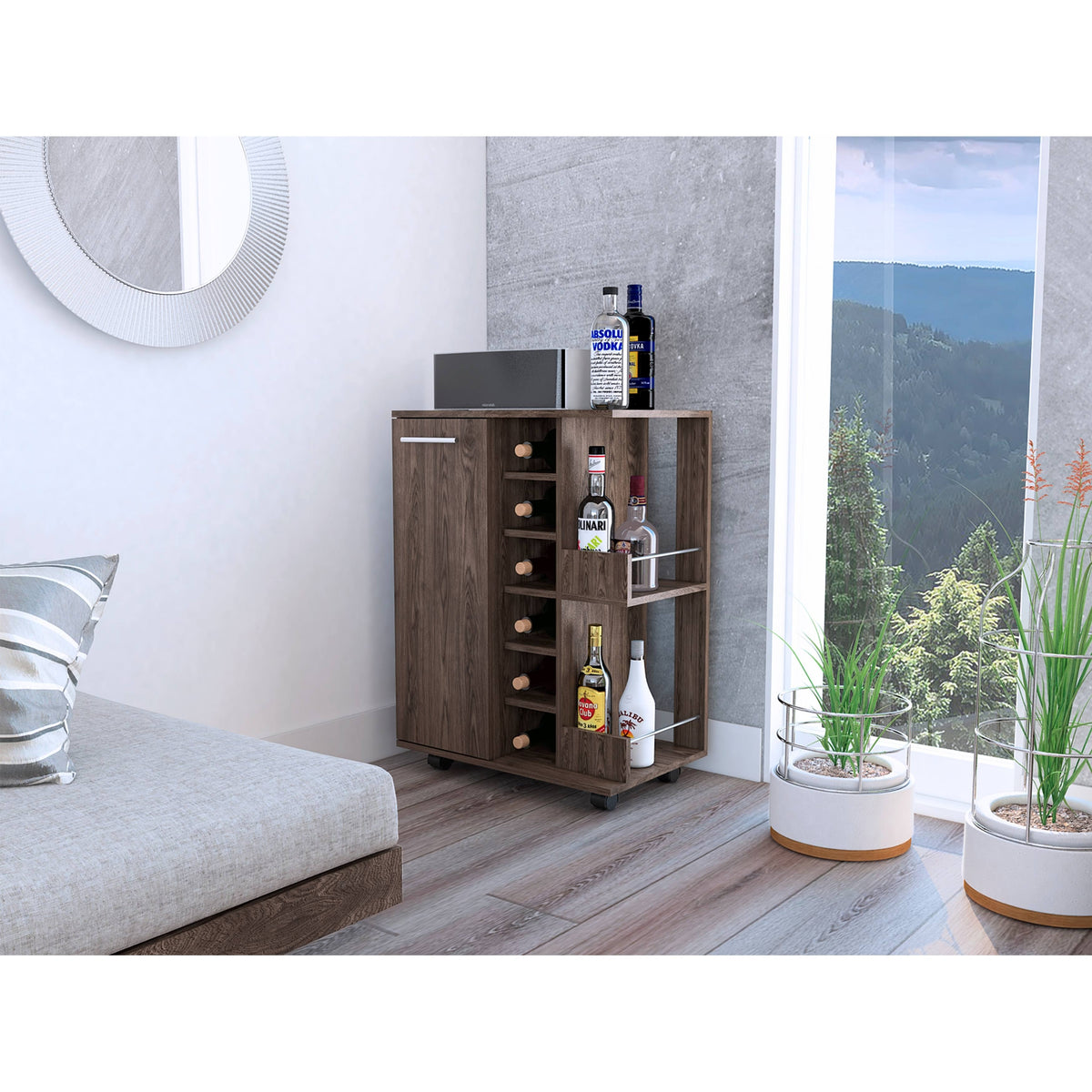 Weathered Oak Bar Cart Cabinet Q938
