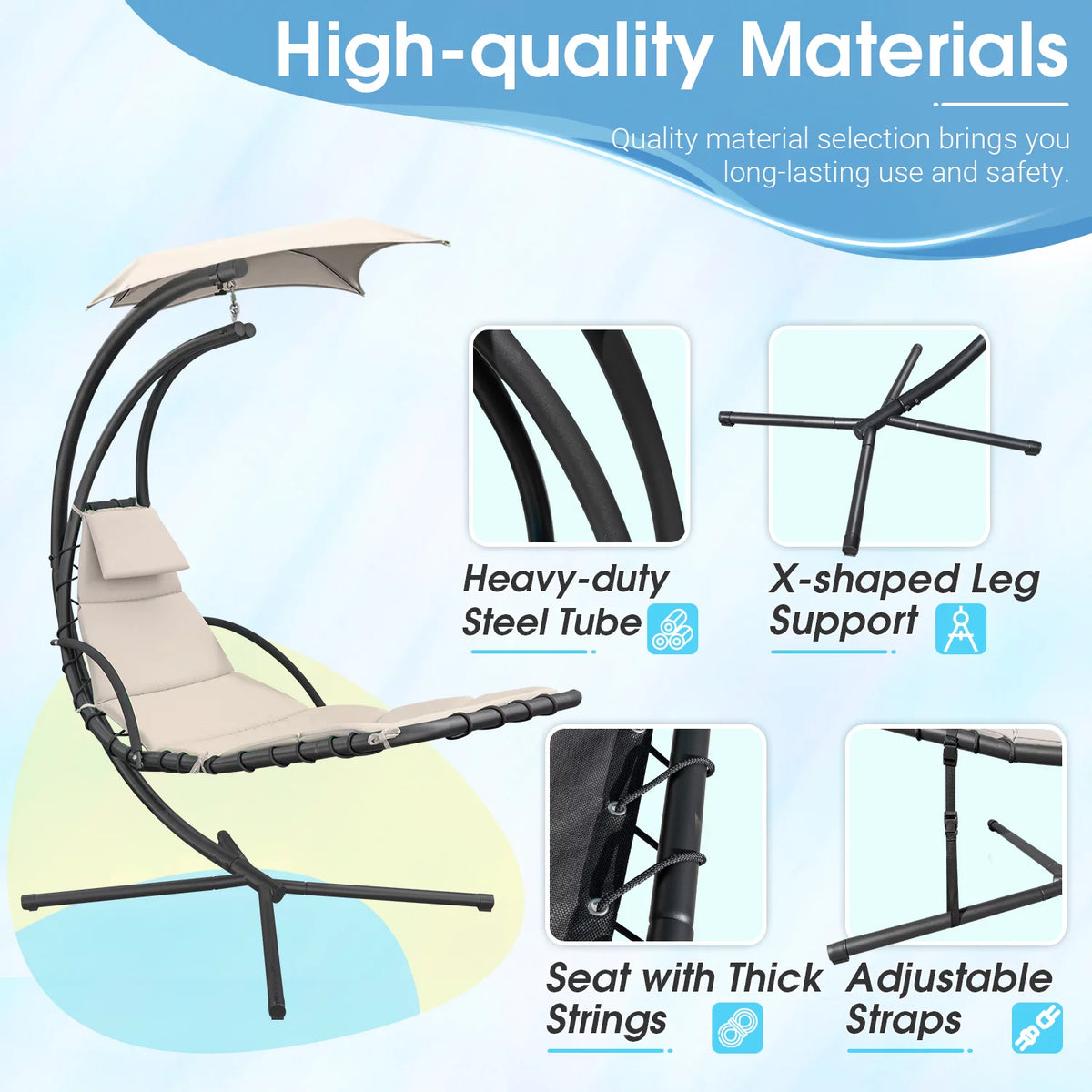 Beige Curved Hanging Chaise Lounge Chair with Canopy Y2498