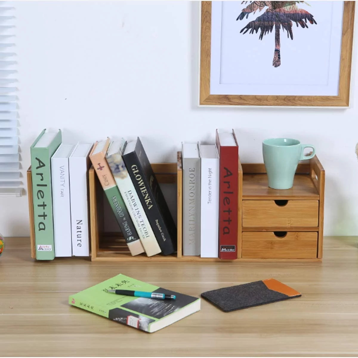 Bamboo Expandable Desktop Bookshelf with 2 Drawers M1439