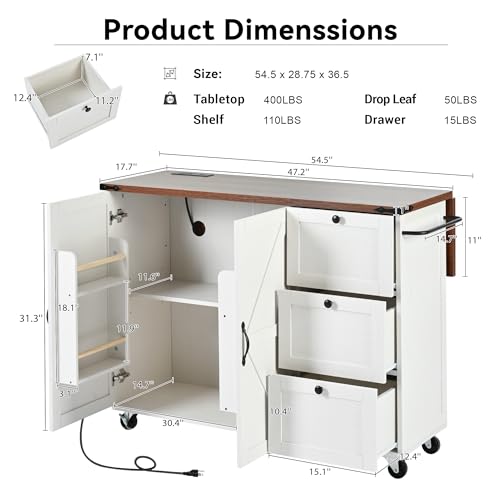 54.5" Farmhouse Mobile Kitchen Island with Power Outlet, Drop Leaf, Spice Rack and Drawer M55652