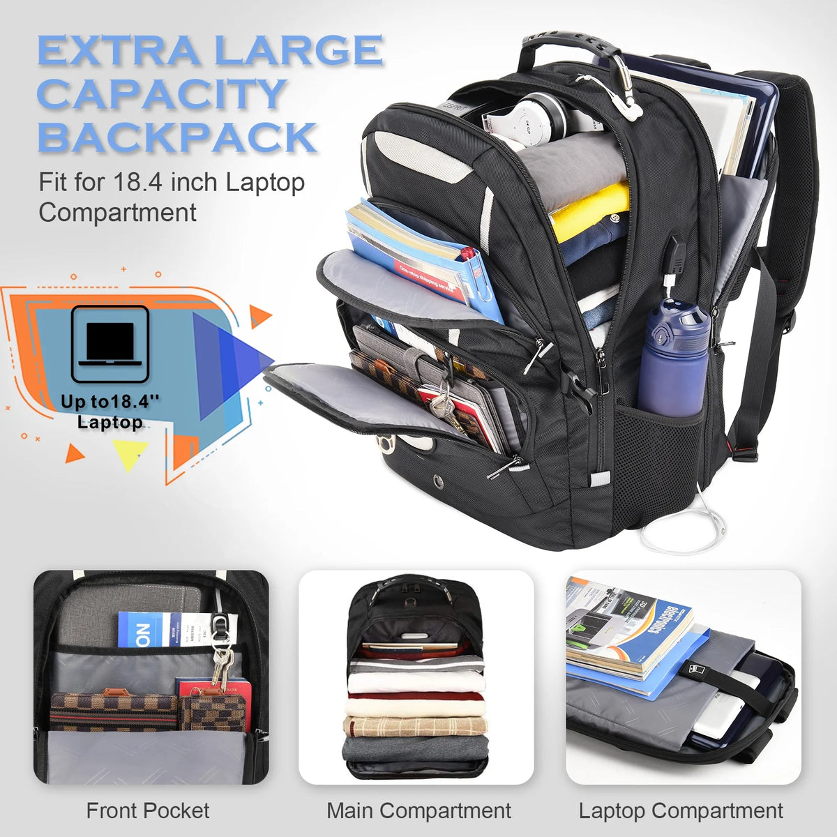 Extra Large 65L Water Resistant Anti-theft Travel Backpack with USB Charging Port T178202