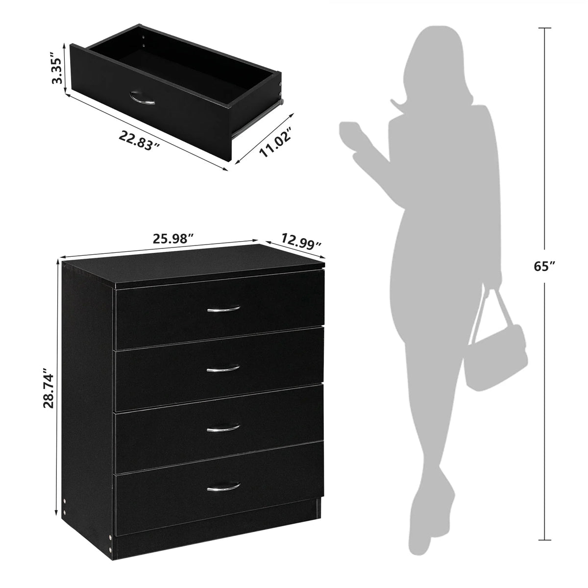 Black 4 Drawer Wood Dresser M62004