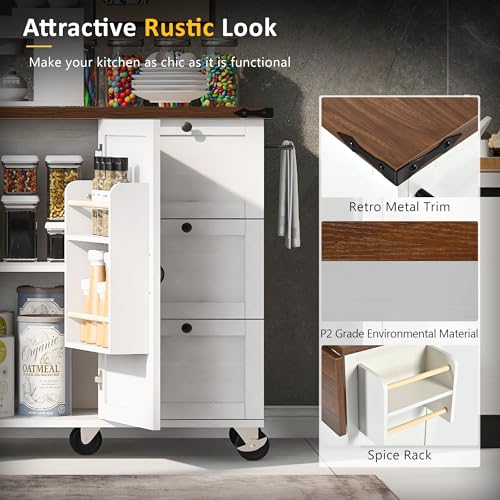 54.5" Farmhouse Mobile Kitchen Island with Power Outlet, Drop Leaf, Spice Rack and Drawer M55652