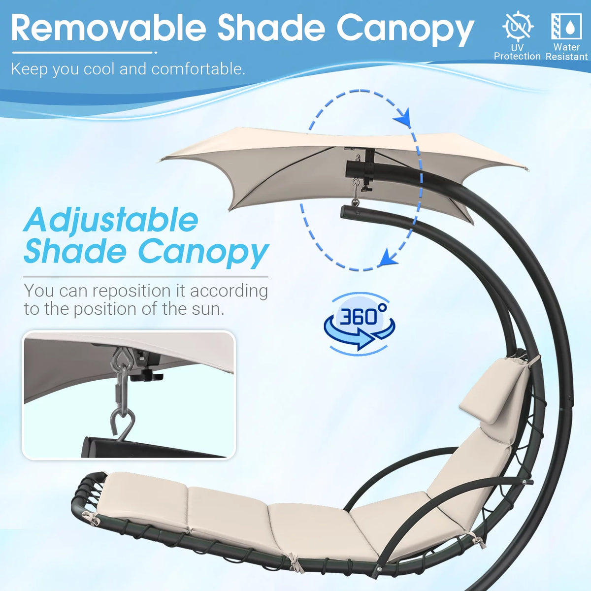 Beige Curved Hanging Chaise Lounge Chair with Canopy Y2498