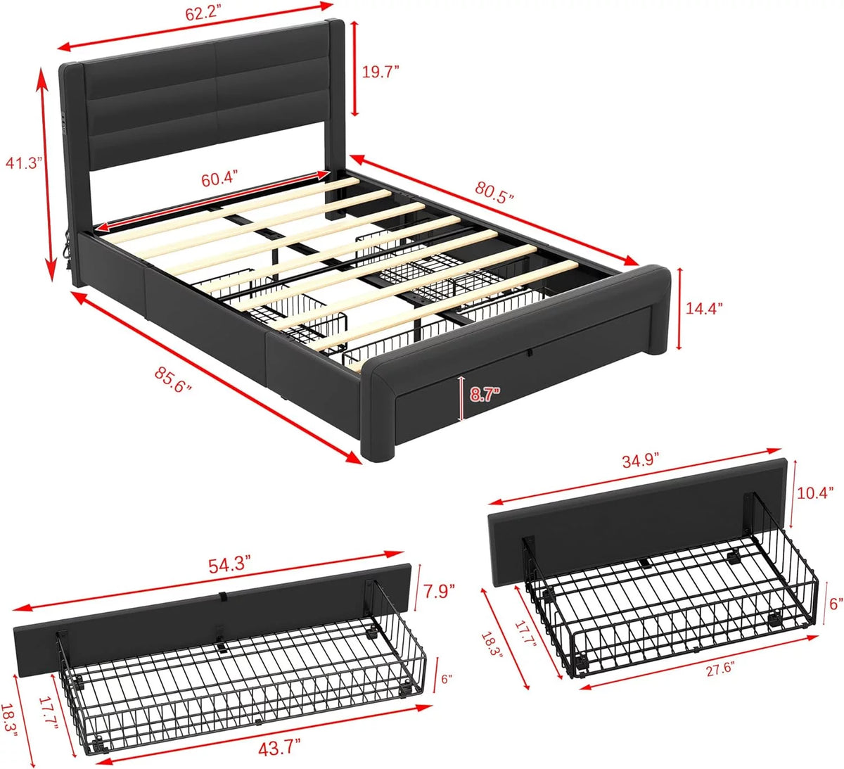 Queen Size Black Leather Upholstered Bed with Headboard and 3 Storage Drawers S884594
