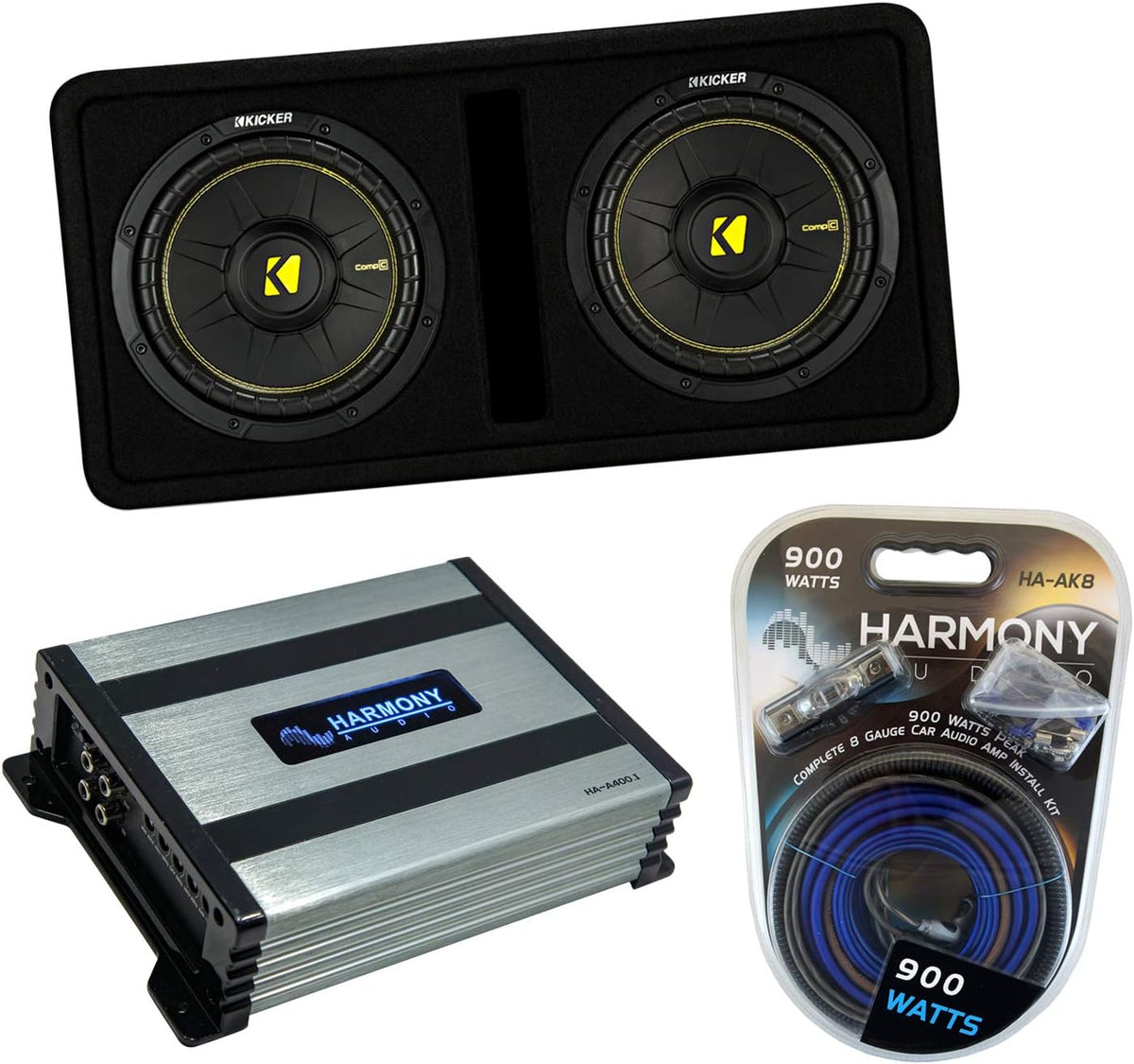 Dual 10" CompC Ported Sub Box Enclosure with 800 Watt Amplifier and Amp Install Kit V545