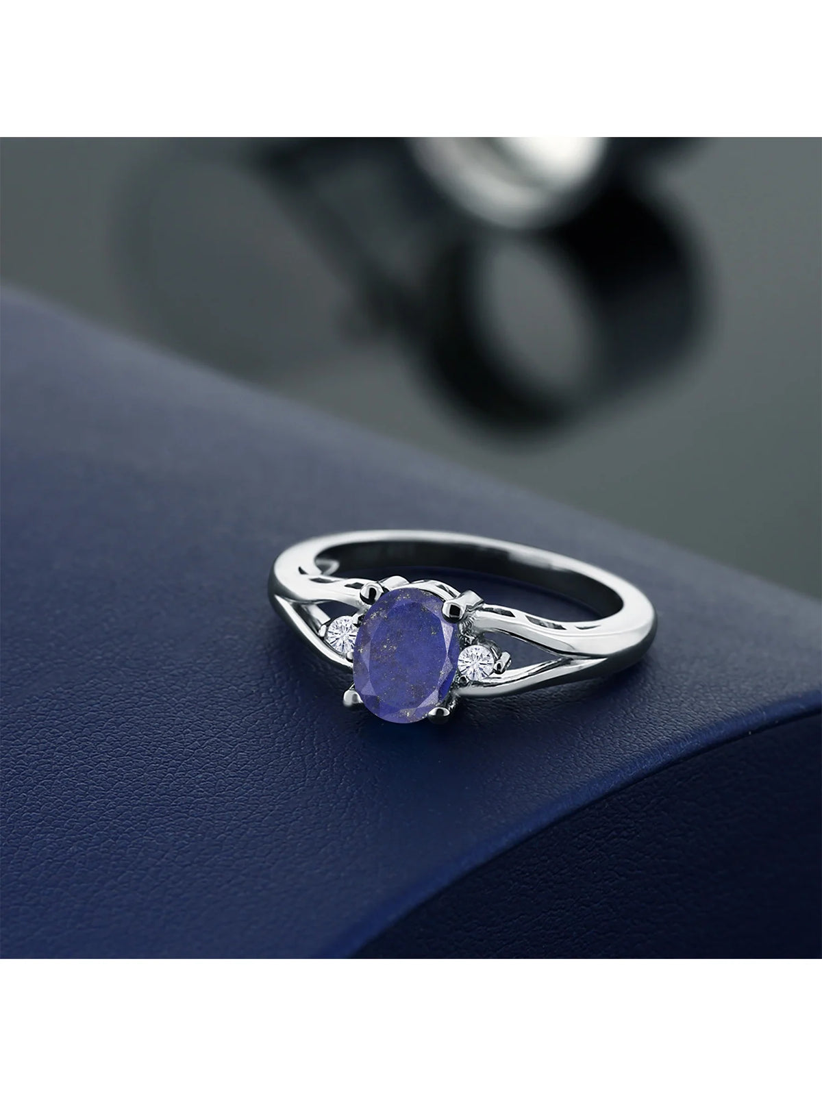 925 Sterling Silver Blue Lapis and White Moissanite 3 Stone Engagement Ring B491380
