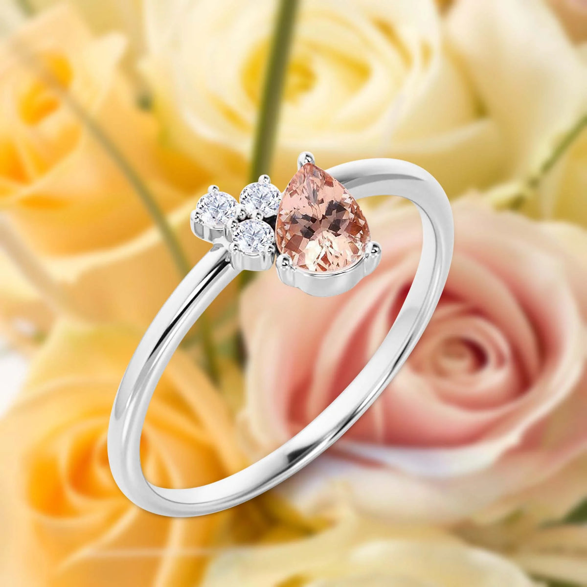 1.15 Carat Pear Cut Morganite And Diamond Moissanite Engagement Ring in 925 Sterling Silver With 18k White Gold Plating J84768