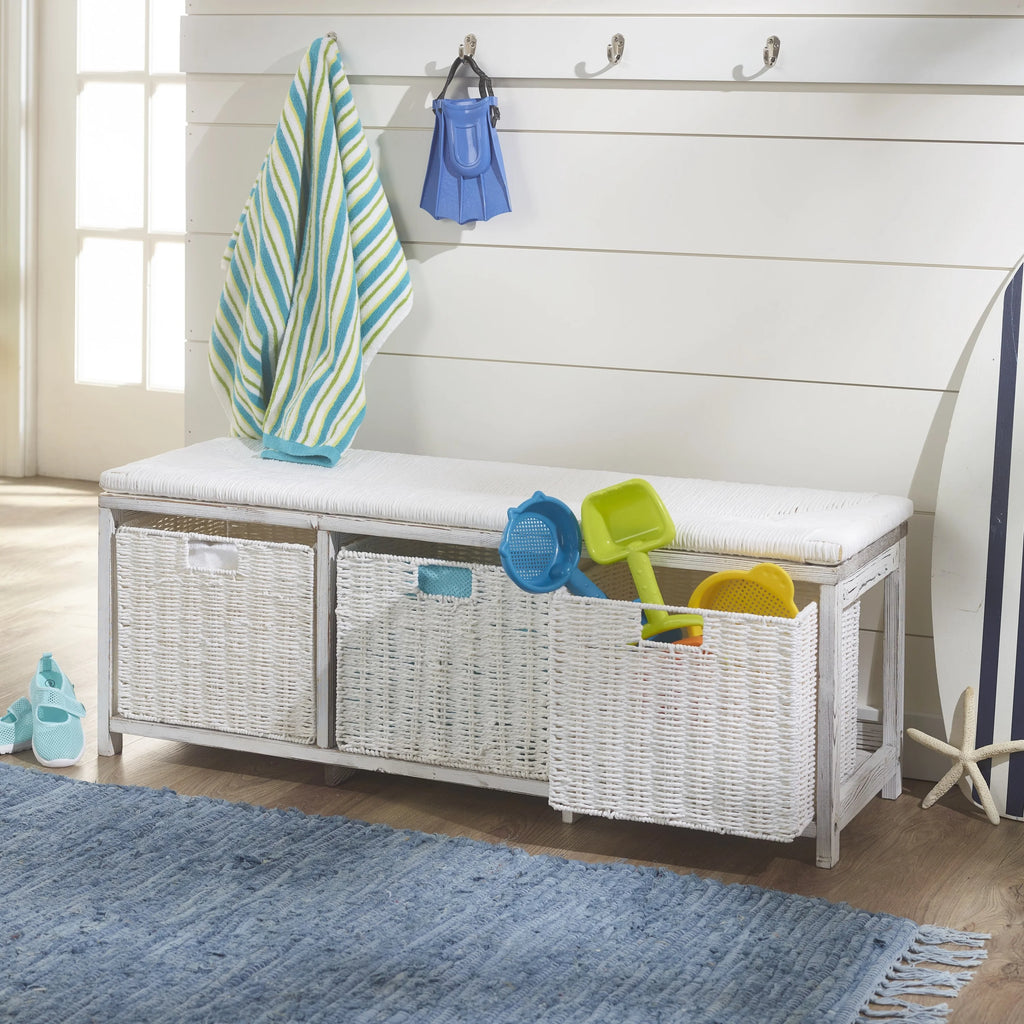 Brown Woven Top Storage Bench with Baskets L21741