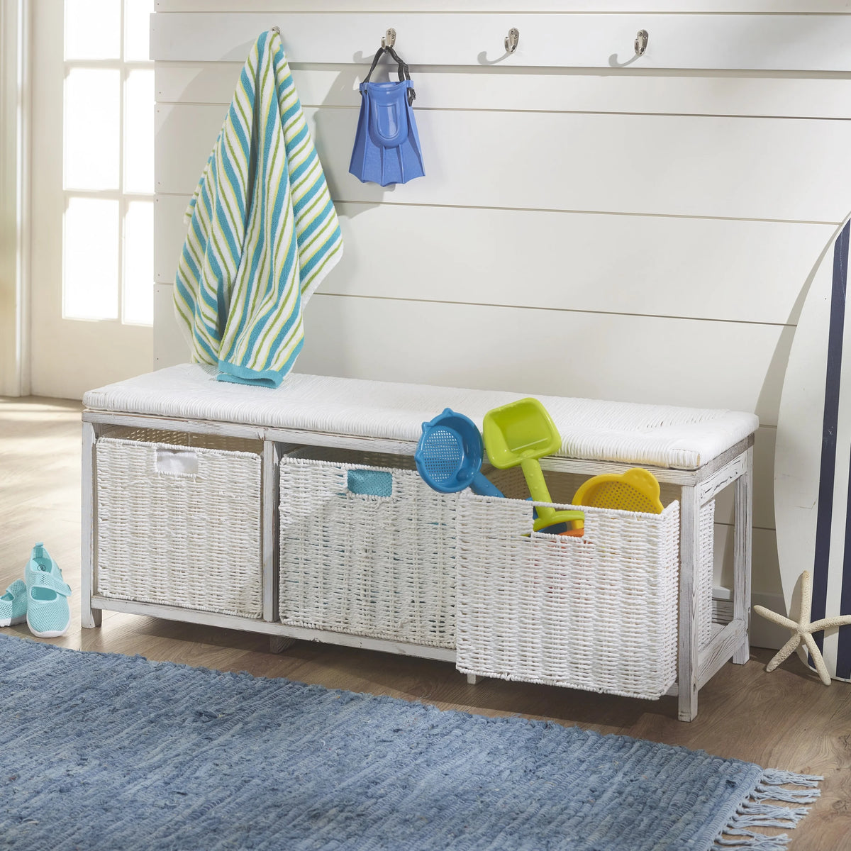 Brown Woven Top Storage Bench with Baskets L21741