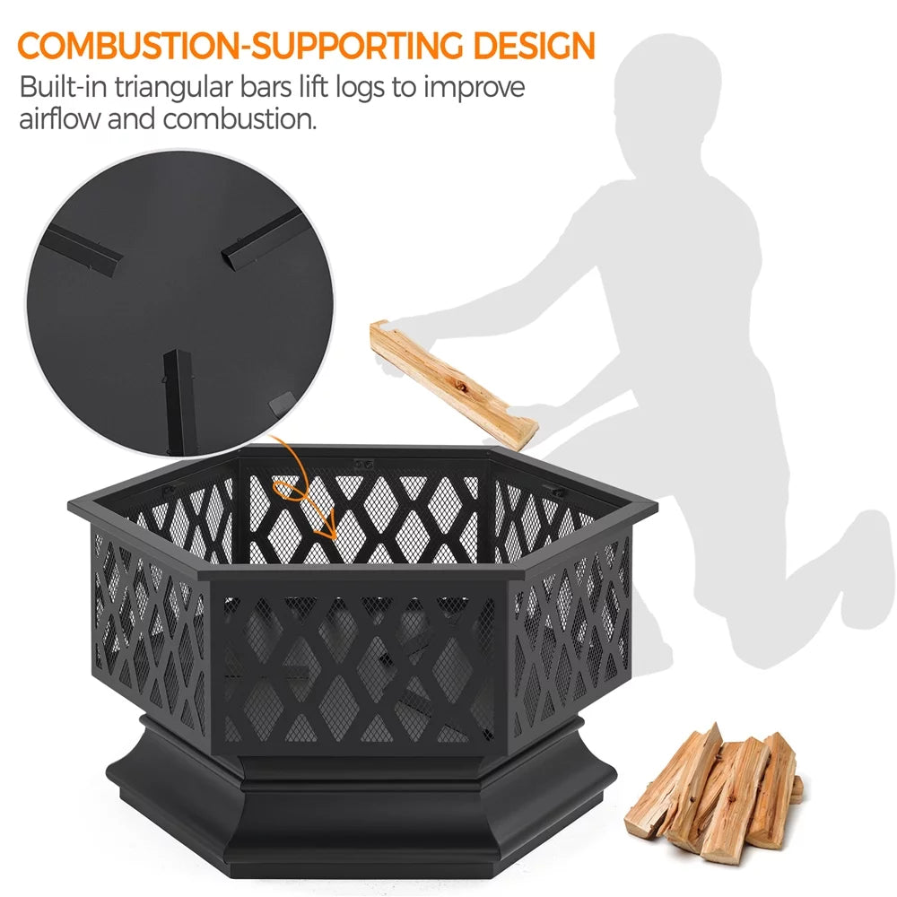 Black Hex-Shaped Steel Wood Burning Fire Pit with Spark Screen & Fire Poker B205734