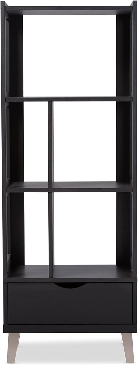 Dark Brown Wood Bookcase with Display Shelves and Two Drawers U6522