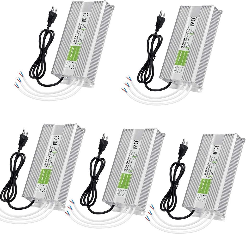 5 Pack Waterproof IP67 LED Power Supply Driver Transformer 300W 110V AC to 12V DC Low Voltage Output with 3-Prong Plug 3.3 Feet Cable U5354